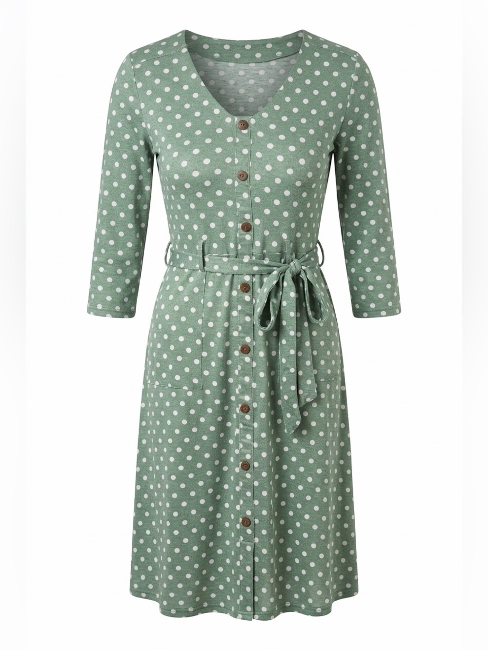 Monteau Sage Green Polka Dot Button-Front Midi Dress